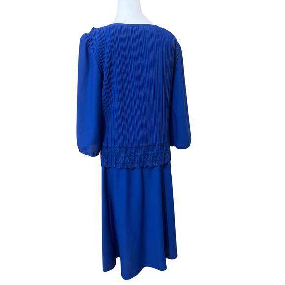 Vtg Pleated Blue Dress Lace Trim Sz 14 Modest Workwear Mother Of Bride Modest - Picture 4 of 7